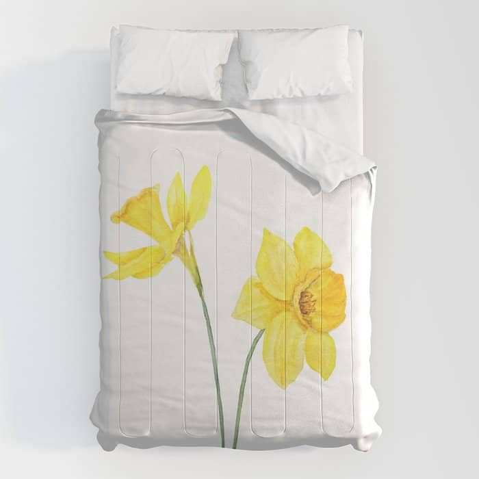 Two Botanical Yellow Daffodils Watercolor Comforter