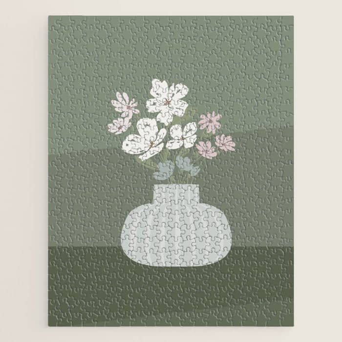 Wildflower Bouquet In Vase Illustration - Muted Pink, Beige And Sage Green Flowers  Jigsaw Puzzle