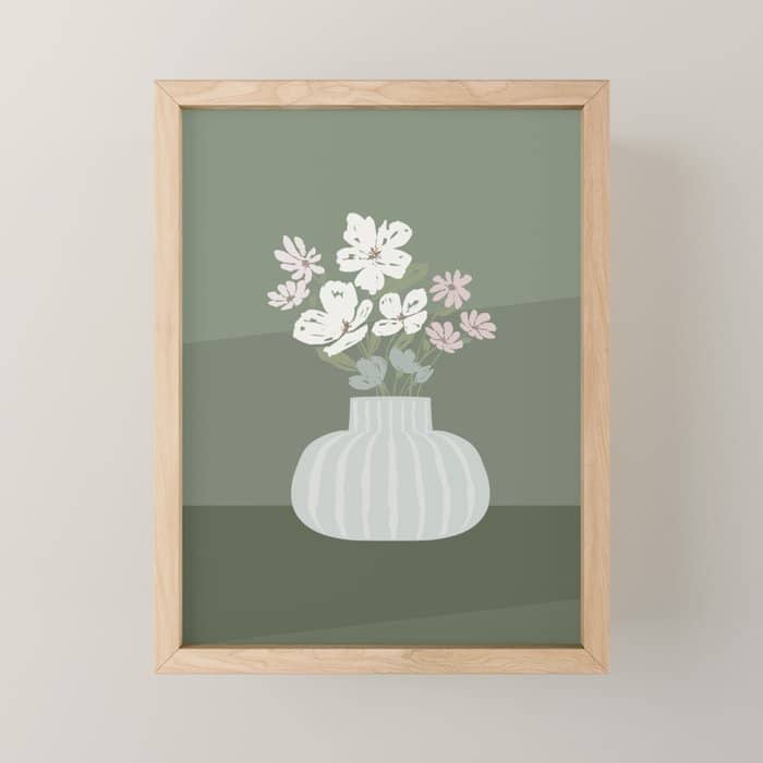 Wildflower Bouquet In Vase Illustration - Muted Pink, Beige And Sage Green Flowers  Mini Art Print