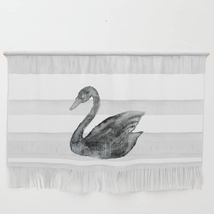 Elegant Black White Hand Painted Watercolor Swan Wall Hanging