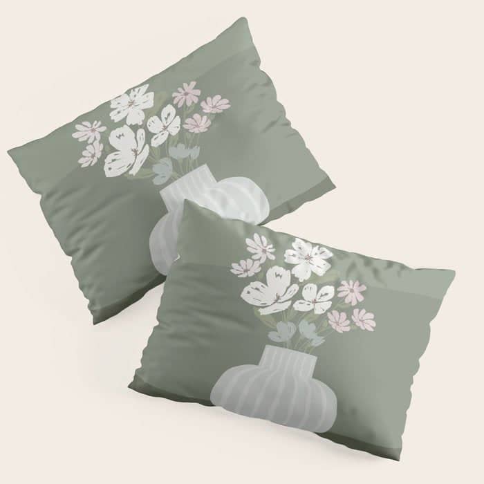 Wildflower Bouquet In Vase Illustration - Muted Pink, Beige And Sage Green Flowers  Pillow Sham