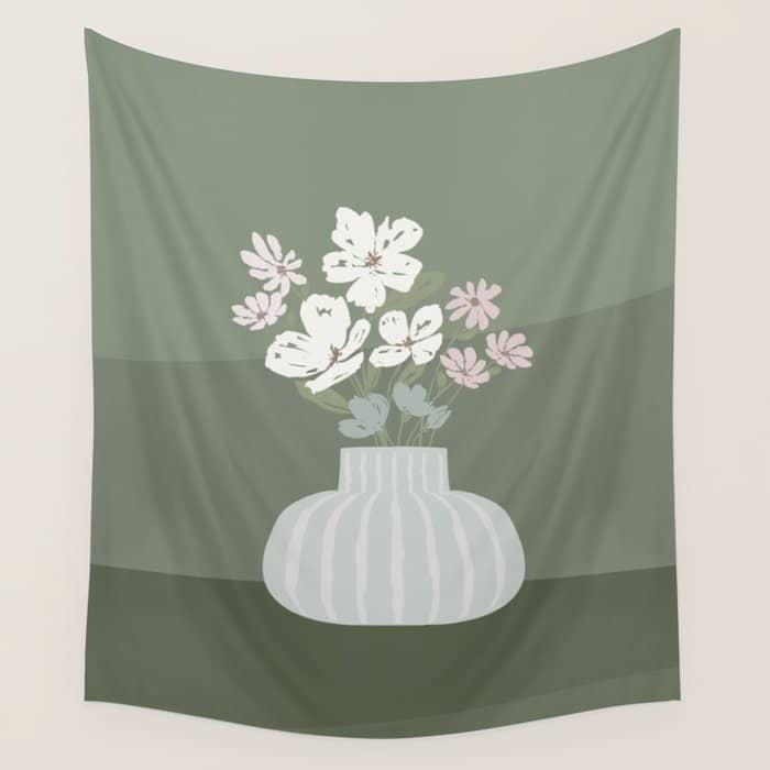 Wildflower Bouquet In Vase Illustration - Muted Pink, Beige And Sage Green Flowers  Wall Tapestry