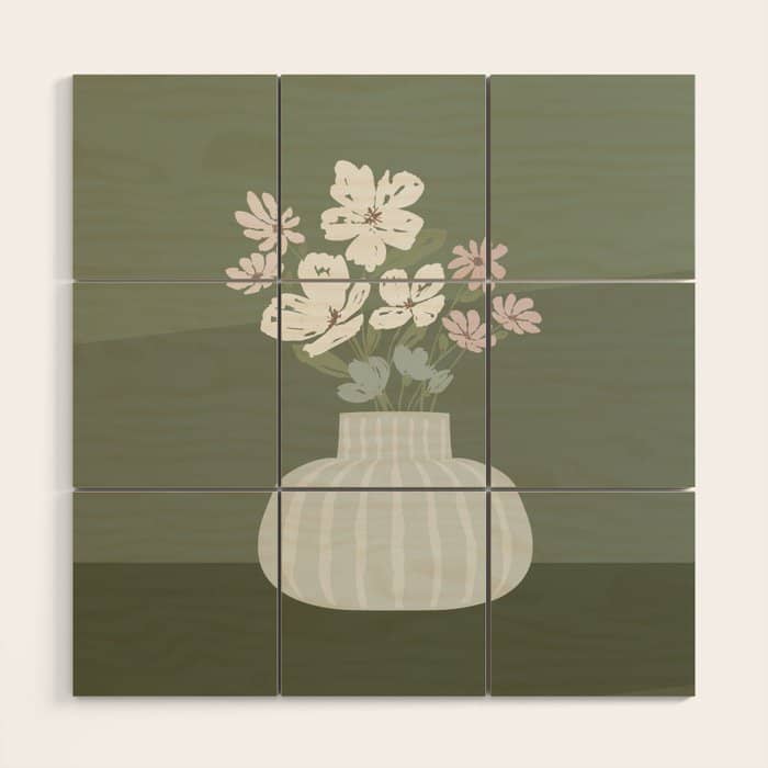 Wildflower Bouquet In Vase Illustration - Muted Pink, Beige And Sage Green Flowers  Wood Wall Art