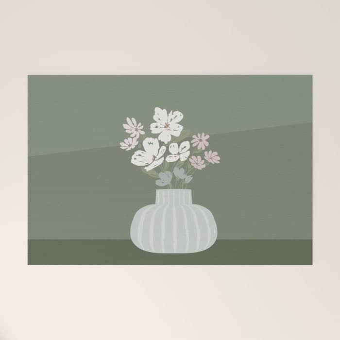 Wildflower Bouquet In Vase Illustration - Muted Pink, Beige And Sage Green Flowers  Welcome Mat