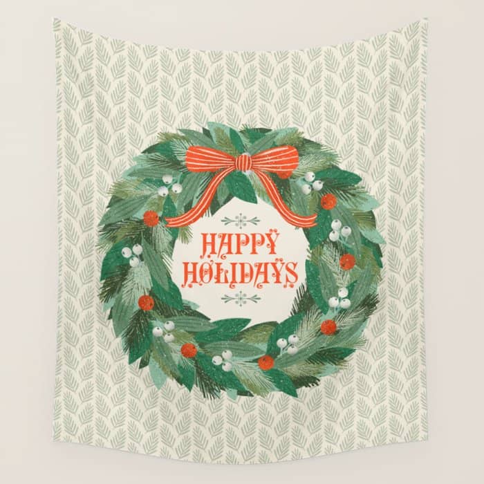 Happy Holidays Christmas Wreath Wall Tapestry