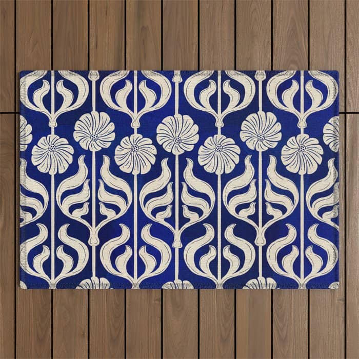Art Deco Florals On Dark Blue Outdoor Rug