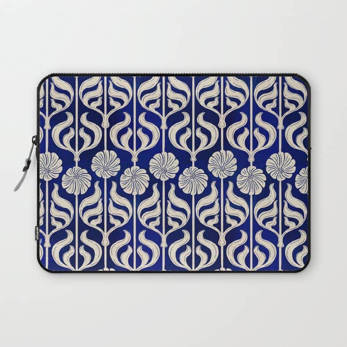 Art Deco Florals On Dark Blue Laptop Sleeve