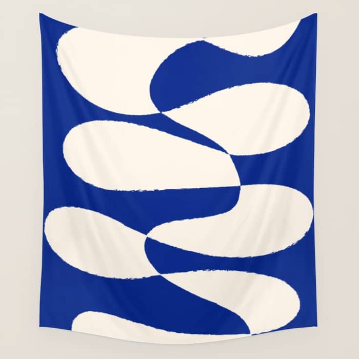 Mid-Century Modern Abstract Composition In Royal Blue & White Wall Tapestry