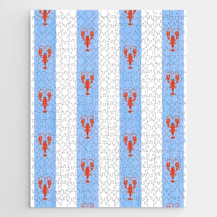 Red Lobsters On Hand-Painted Bright Blue Stripes Jigsaw Puzzle