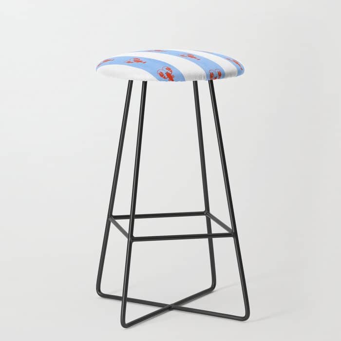 Red Lobsters On Hand-Painted Bright Blue Stripes Stool
