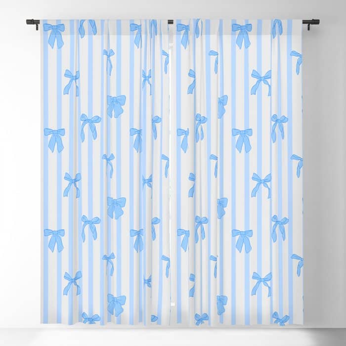 Elegant Blue Bows And Stripes Pattern Window Curtain