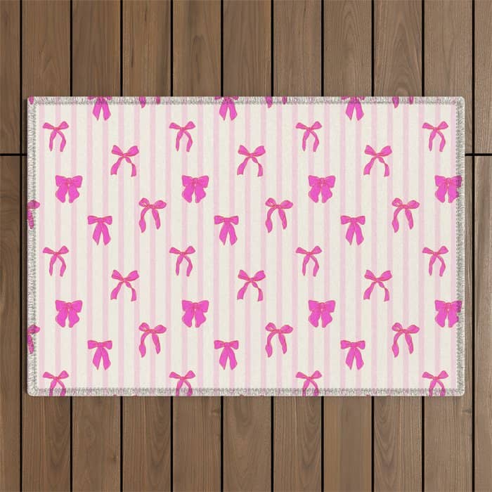 Classic Hot Pink Bows And Stripes Outdoor Rug