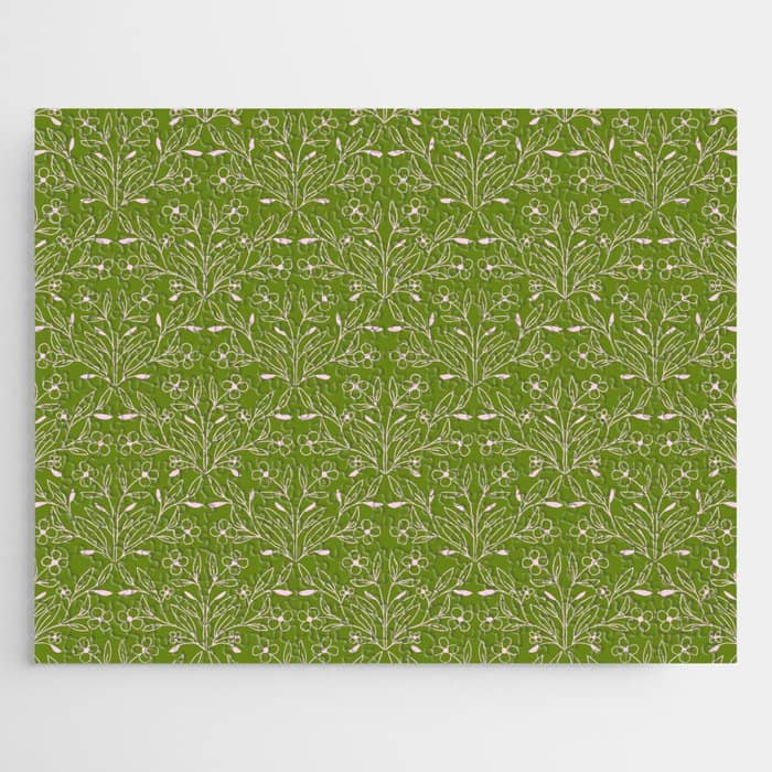 Playful Doodled Blooms Pattern - Green Jigsaw Puzzle