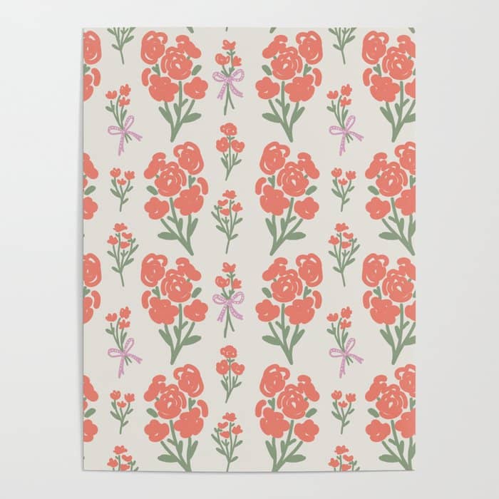 Preppy Grandmillennial Cute Red Flowers Poster