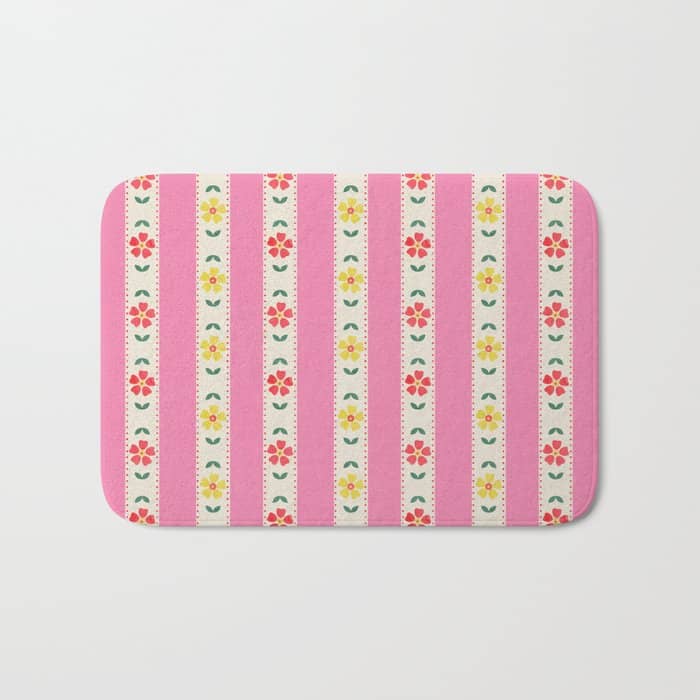 Granny Style Vintage Florals On Pink Stripes Bath Mat