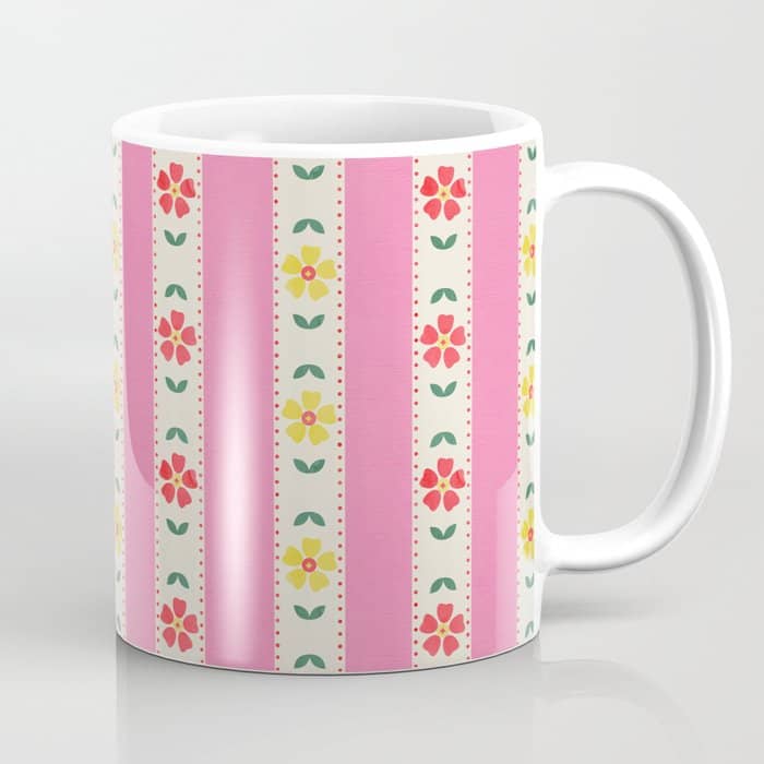 Granny Style Vintage Florals On Pink Stripes Coffee Mug