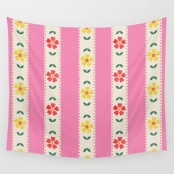 Granny Style Vintage Florals On Pink Stripes Wall Tapestry