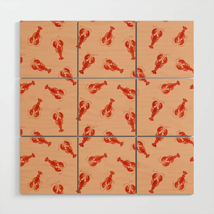 Classic Red Lobsters Pattern On Peach Wood Wall Art