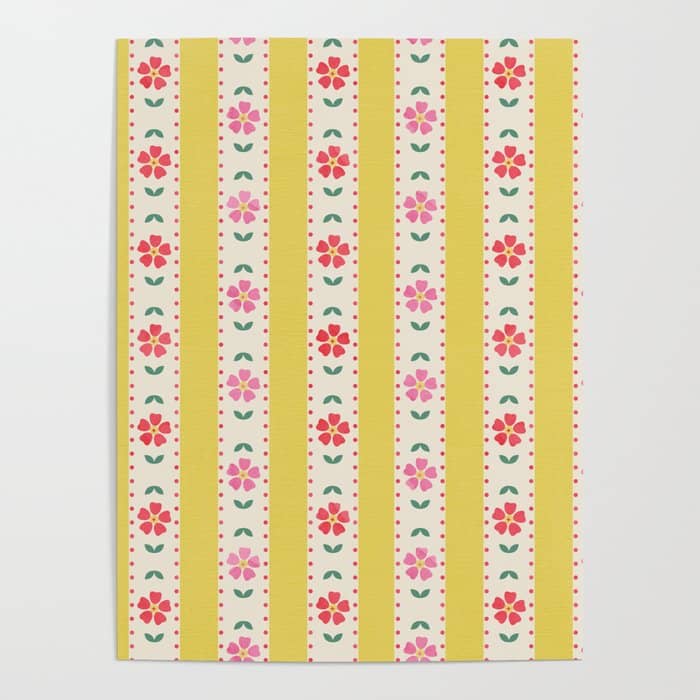 Granny Style Vintage Florals On Yellow Stripes Poster