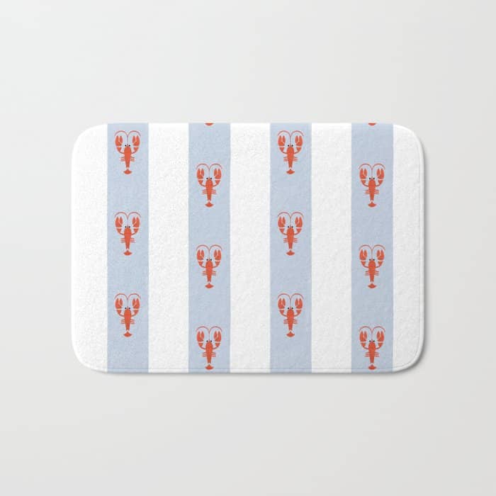 Red Lobsters On Hand-Painted Blue Stripes Bath Mat