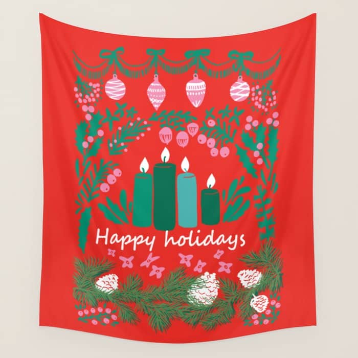 Happy Holidays Greetings - Folk Art Illustration Wall Tapestry