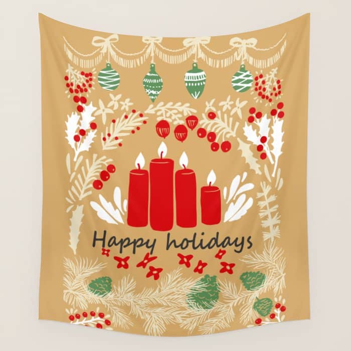 Happy Holidays Christmas Greetings - Folk Art Illustration Wall Tapestry