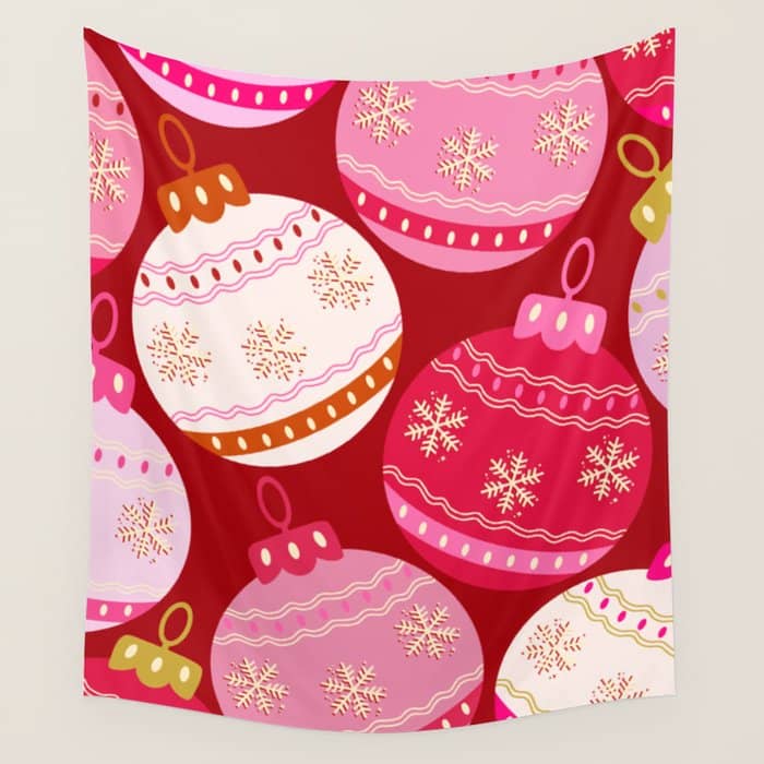 Pink Christmas Decorations Retro Baubles Wall Tapestry