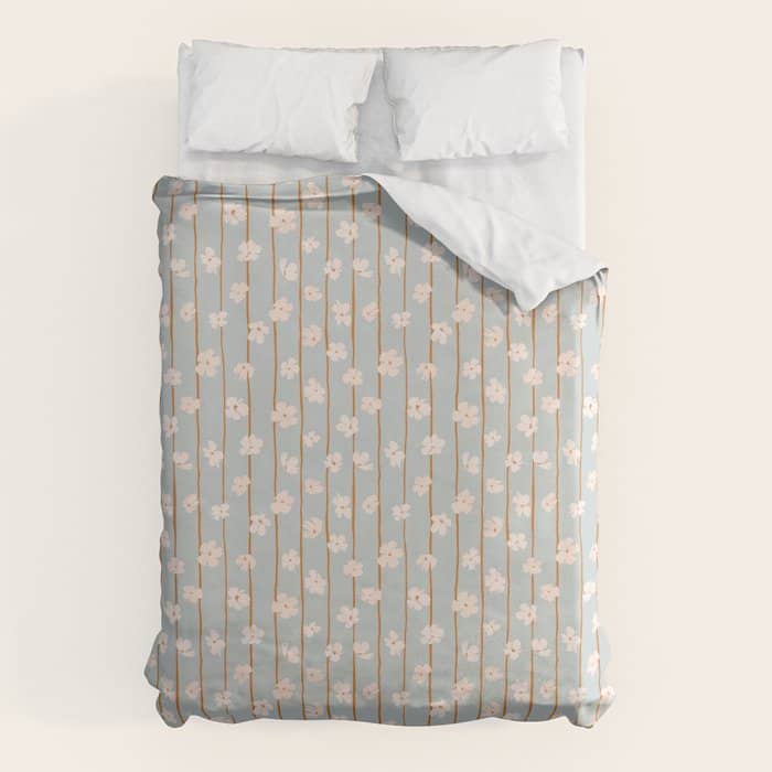 Peach Flowers On Green And Orange Vertical Stripes Background Pattern Duvet Cover