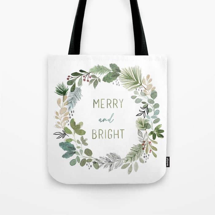 Merry & Bright Watercolor Wreath Tote Bag