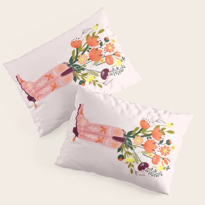 Pink Cowboy Boot And Wild Flower Bouquet Pillow Sham