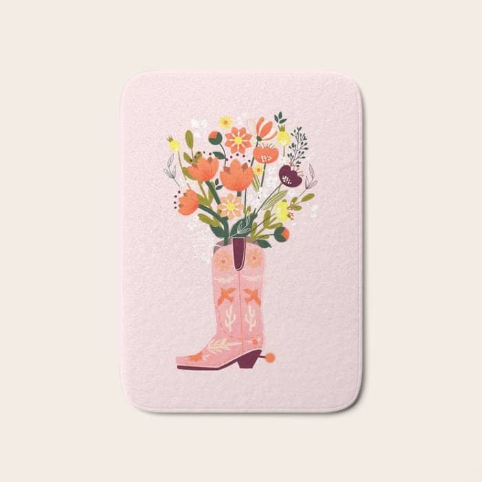 Pink Cowboy Boot And Wild Flower Bouquet Bath Mat