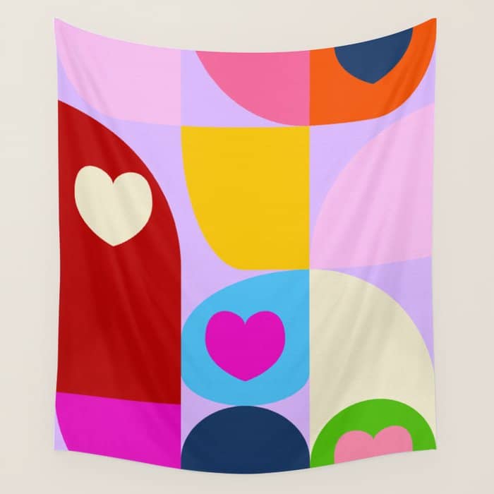 V-Day Hearts Mid Century Modern Wall Tapestry