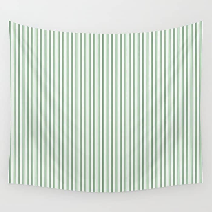 Fern Green And White Micro Vertical Vintage English Country Cottage Ticking Stripe Wall Tapestry