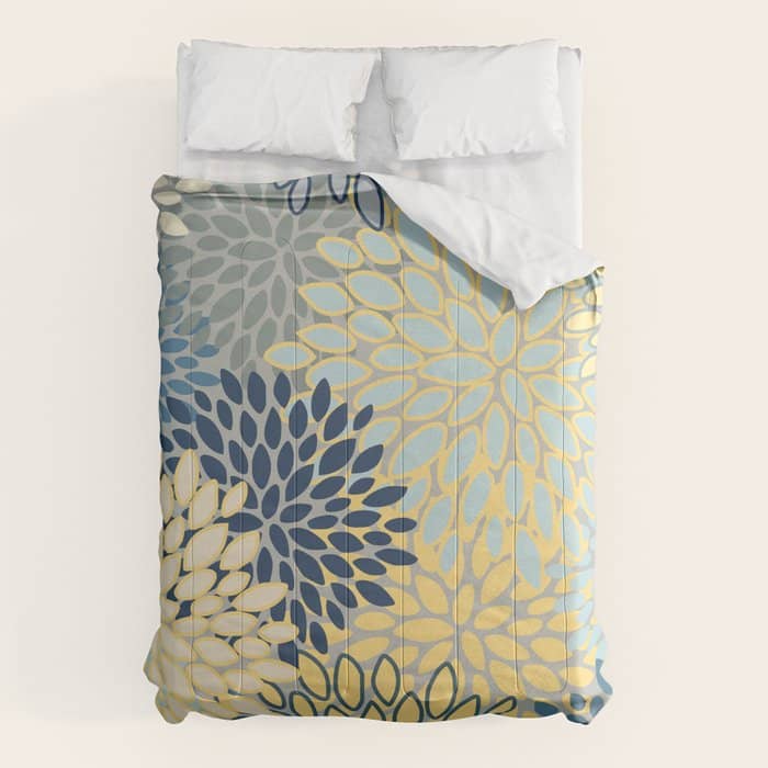Floral Print, Yellow, Gray, Blue, Teal Comforter