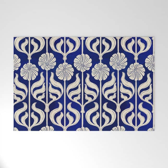 Art Deco Florals On Dark Blue Welcome Mat
