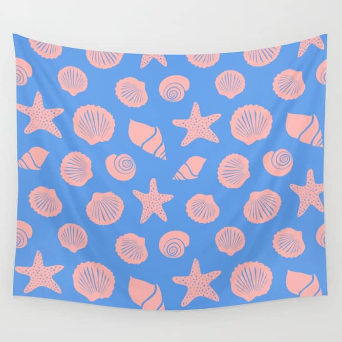 Retro Coastal Shells On Blue Wall Tapestry
