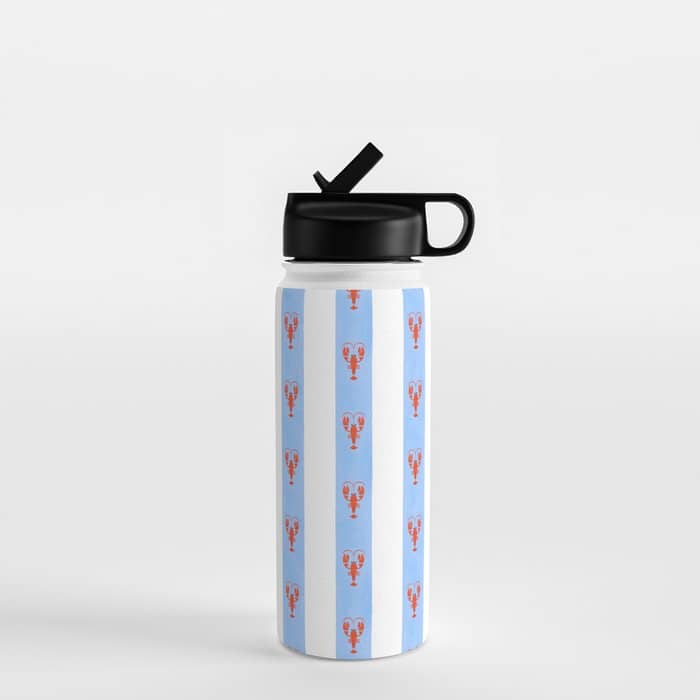 Red Lobsters On Hand-Painted Bright Blue Stripes Water Bottle