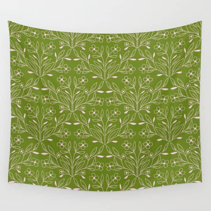 Playful Doodled Blooms Pattern - Green Wall Tapestry