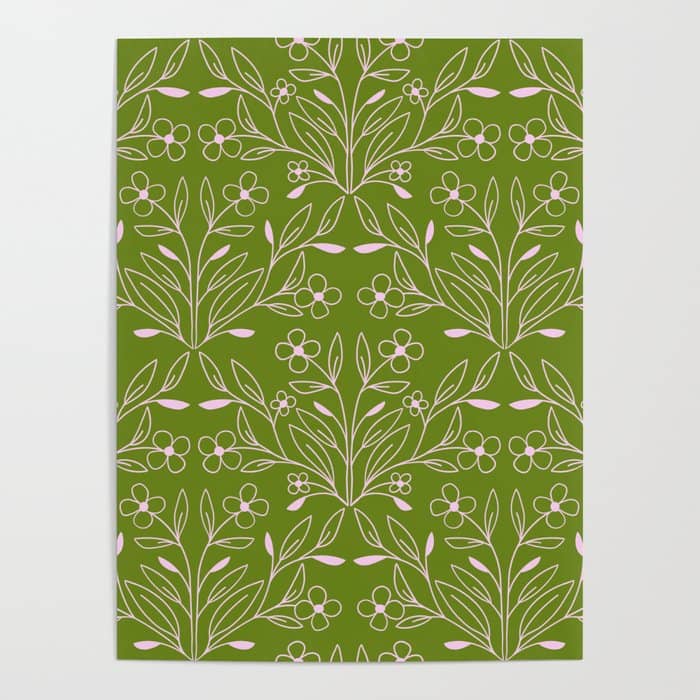 Playful Doodled Blooms Pattern - Green Poster