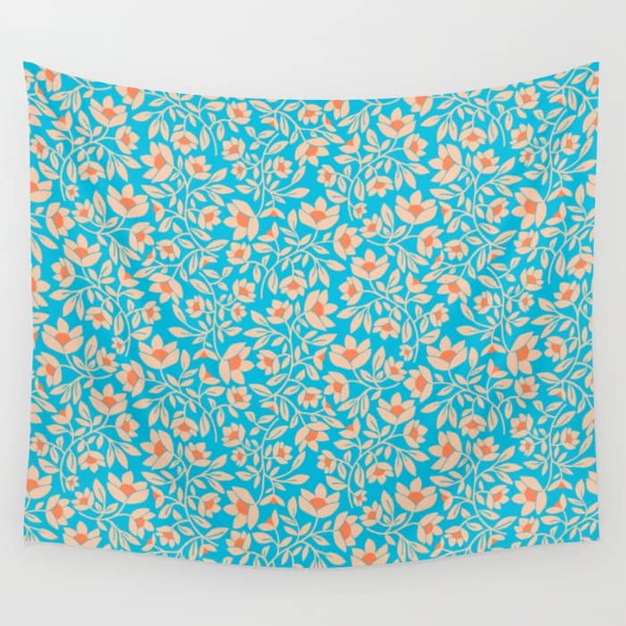 Tropical Blooms Pattern - Blue Wall Tapestry