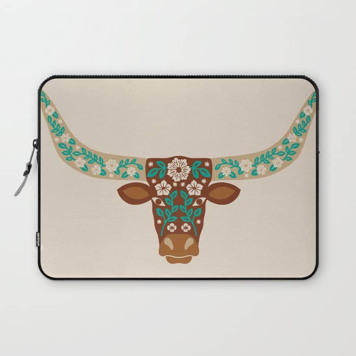 Floral Longhorn - Brown And Turquoise Laptop Sleeve
