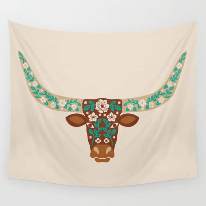 Floral Longhorn - Brown And Turquoise Wall Tapestry