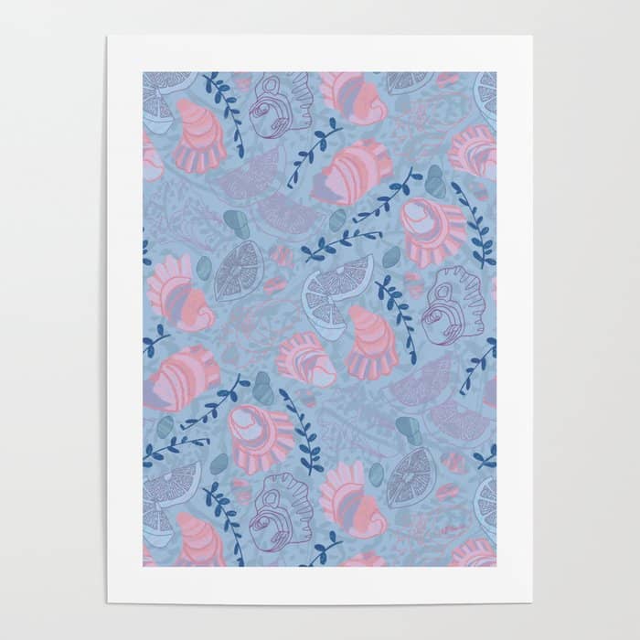 Coastal Oysters On The Beach In Sea Blue & Lavender Poster