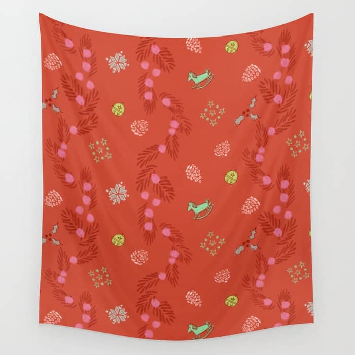 Whimsical Tiny Toys & Pine Branches In Red Wall Tapestry