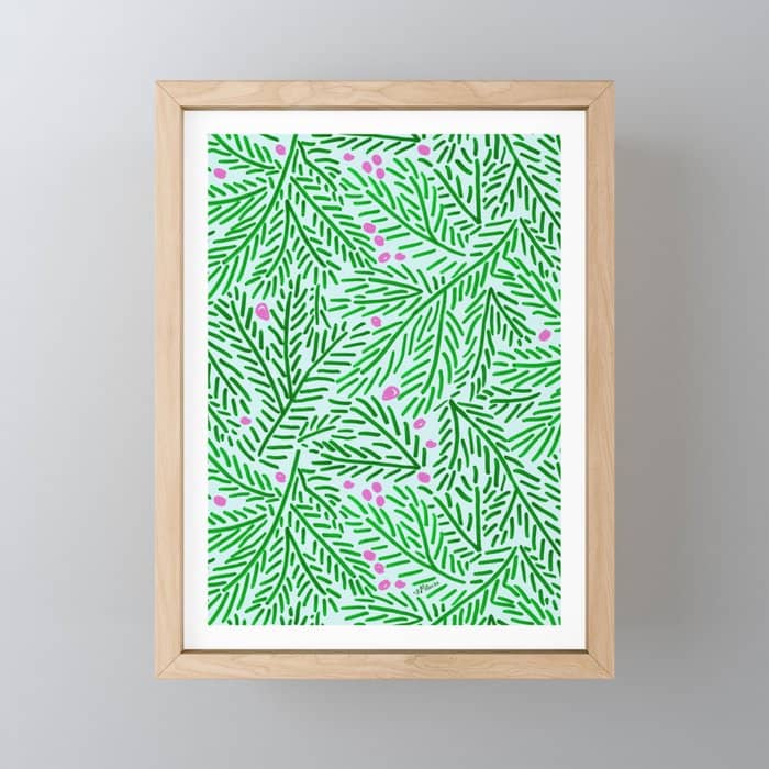 Winter Berries & Pine Branches In Green Mini Art Print
