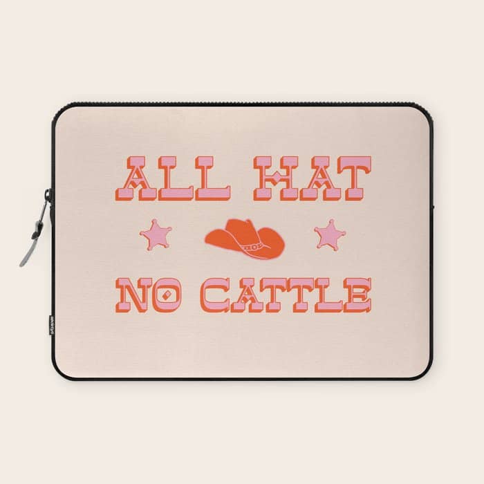 "All Hat No Cattle" In Pink And Orange Retro Western Letters Laptop Sleeve
