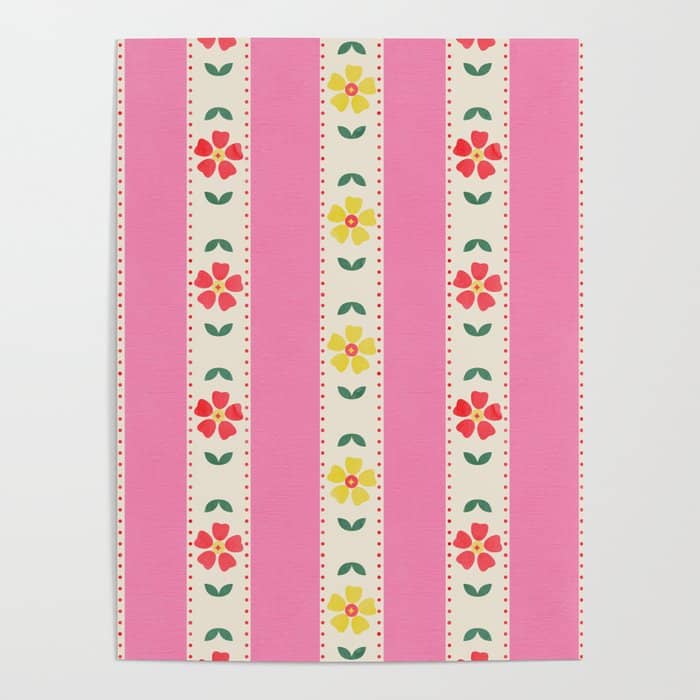 Granny Style Vintage Florals On Pink Stripes Poster