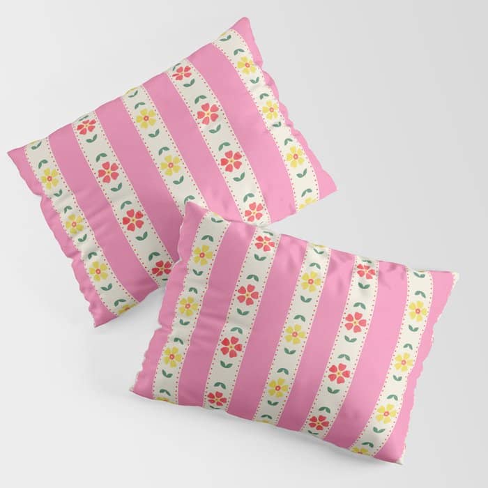 Granny Style Vintage Florals On Pink Stripes Pillow Sham