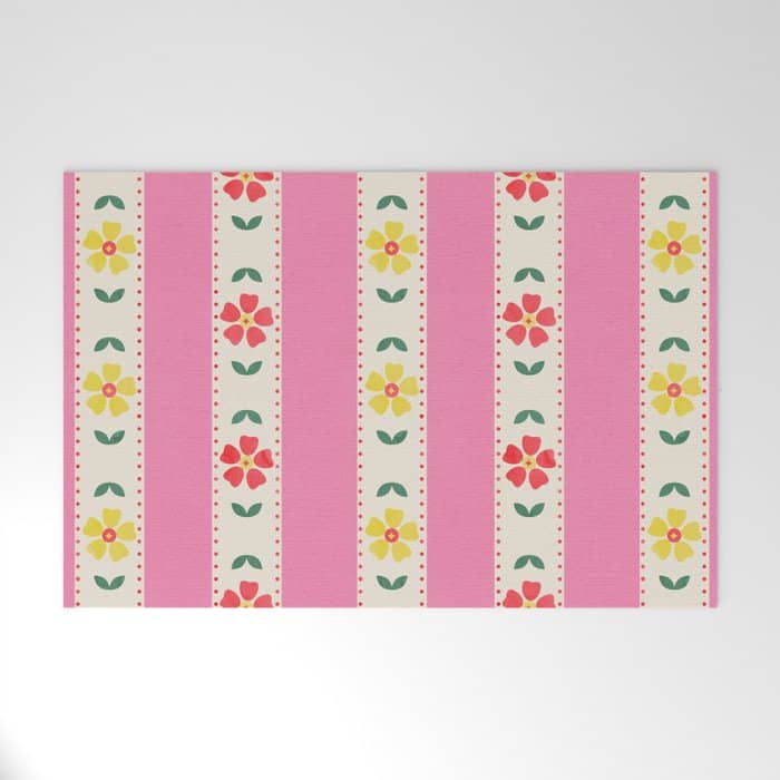 Granny Style Vintage Florals On Pink Stripes Welcome Mat