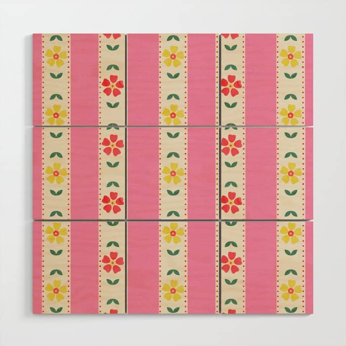 Granny Style Vintage Florals On Pink Stripes Wood Wall Art